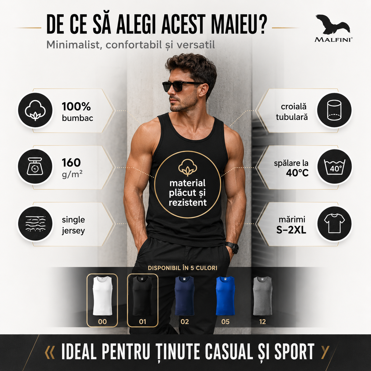 Maiou bărbat 100% bumbac, maieu sport, tricou fără m&acirc;neci, lejer și respirabil